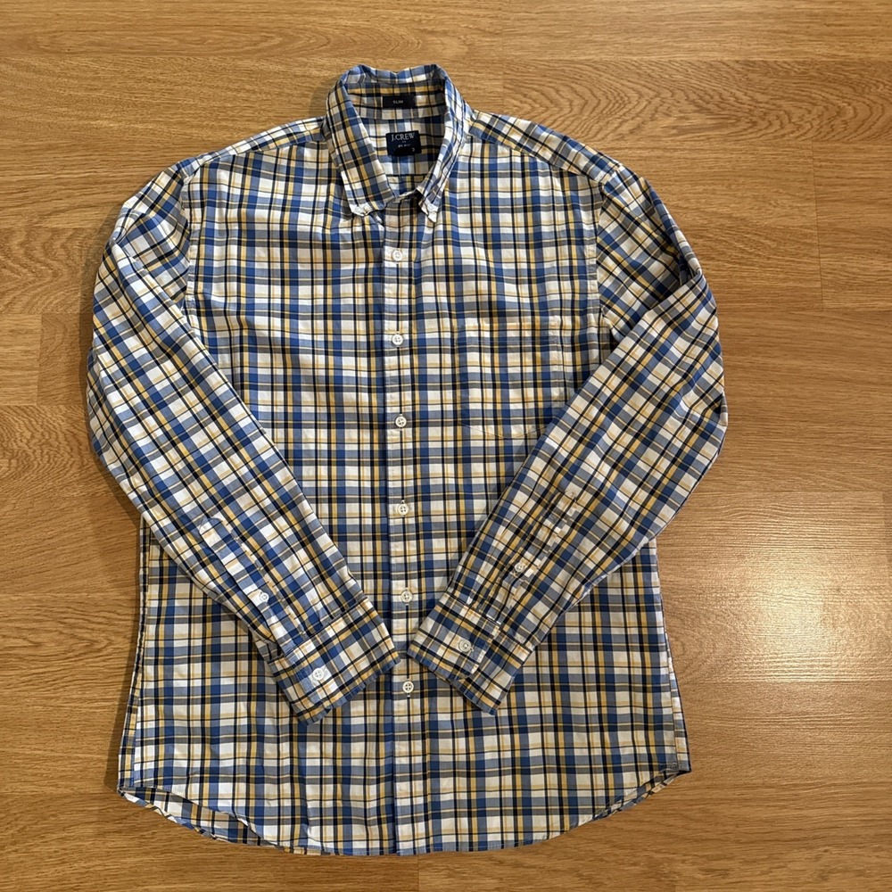 J Crew Flex Washed Shirt Mens Large Slim Fit Multicolor Plaid Long Sleeve Preppy